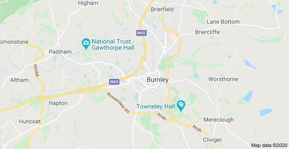 Aerial Installation in Burnley and surrounding areas shown on map.